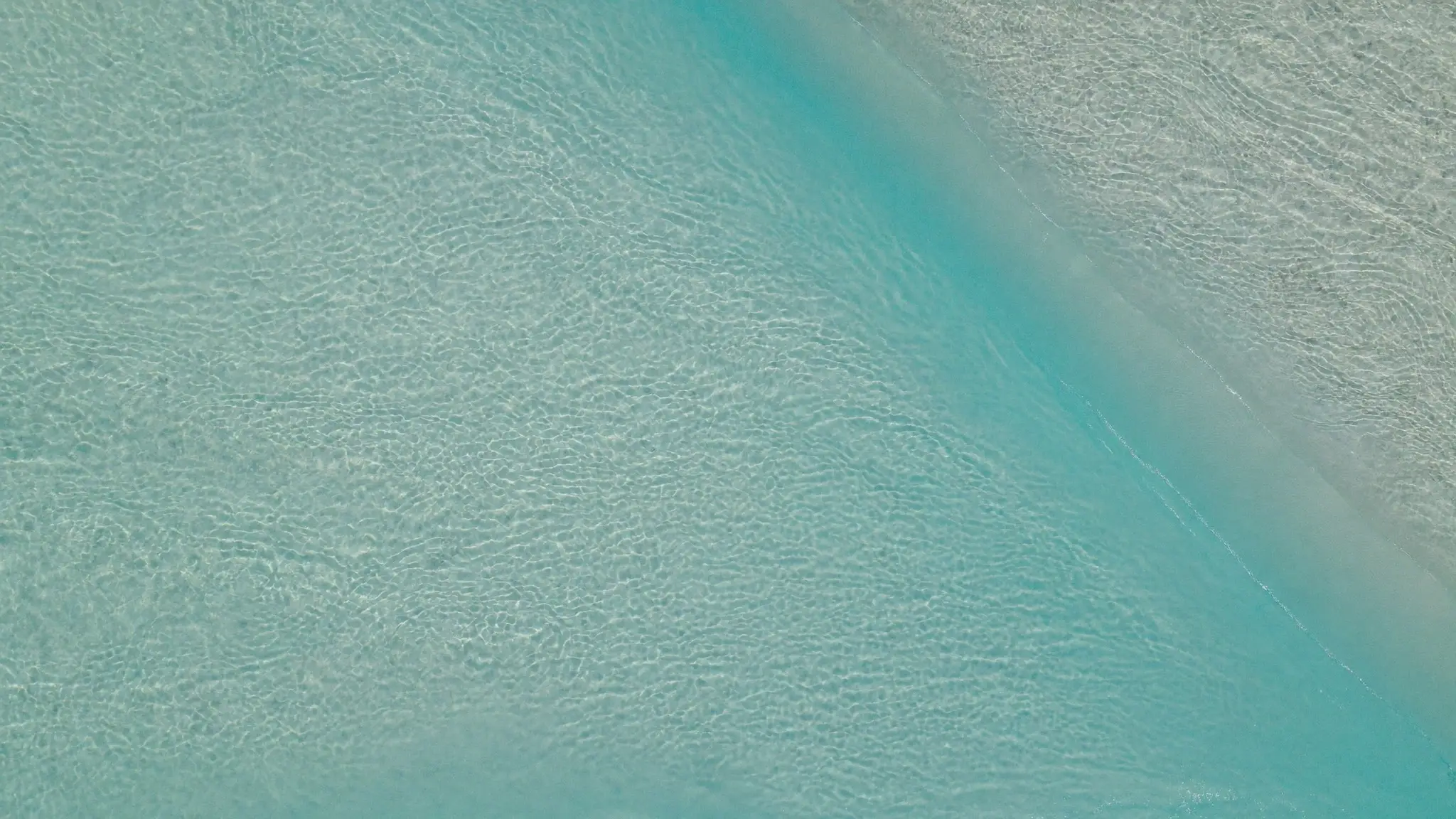 Vista desde lo alto de agua turquesa y transparente que llega a la orilla de arena