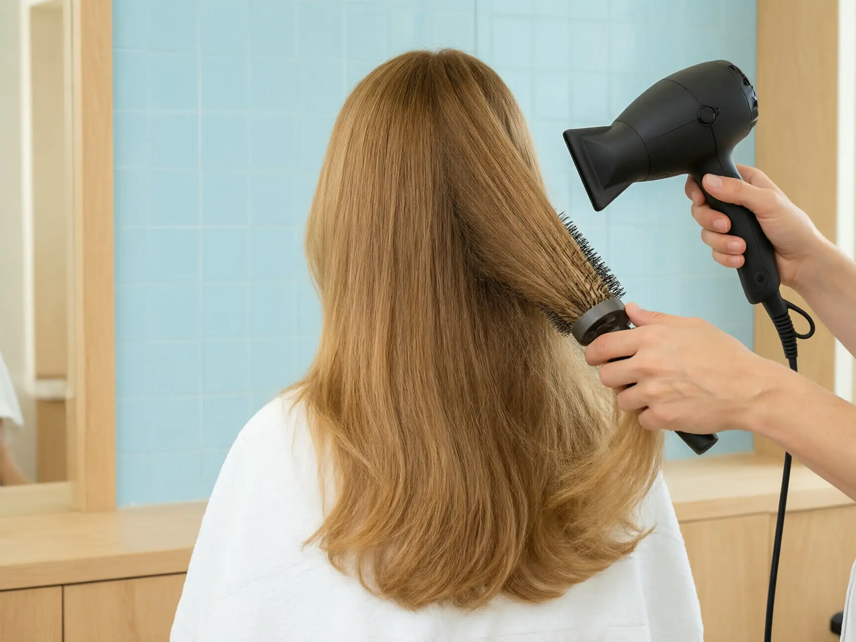 Estilista secando con cepillo redondo el cabello largo y lacio de una clienta